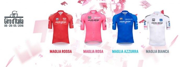 Les maillots officiels du 99e Giro d'Italia. Photo : Giro d'Italia