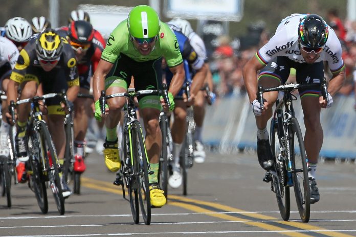 Peter Sagan à la lutte avec Wouter Wipper sur la 1ère étape du Tour de Californie 2016. Photo : Getty Images/Tinkoff