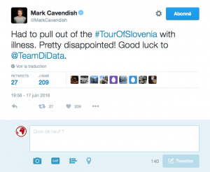 Mark Cavendish annonce sur Twitter qu'il quitte le Tour de Slovénie. Photo : Dimension Data