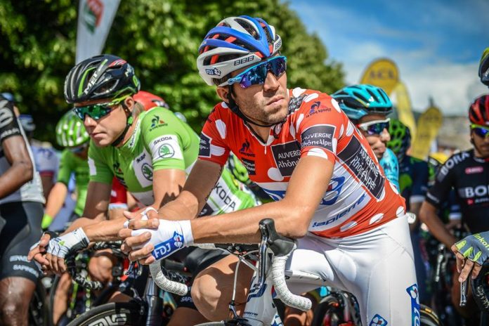 TODAYCYCLING - Thibaut Pinot avec le maillot à pois sur le Critérium du Dauphiné 2016. Photo : FDJ.