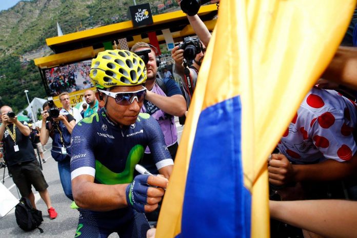 TODAYCYCLING - Nairo Quintana a encore perdu du temps lors du contre-la-montre entre Bourg-Saint-Endeol et La Caverne du Pont d'Arc ce vendredi. Photo : Movistar.