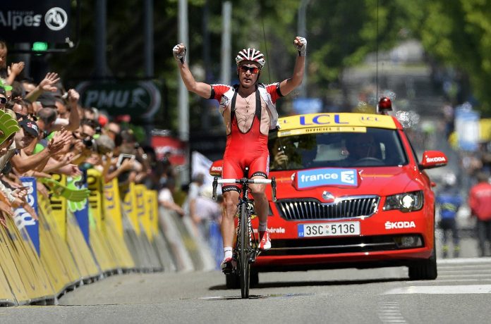 TODAYCYCLING - Yuri Trofimov vainqueur de la 4e étape du Critérium du Dauphiné 2014 sous les couleurs de l'équipe Katusha. Photo : Bettini/Tinkoff