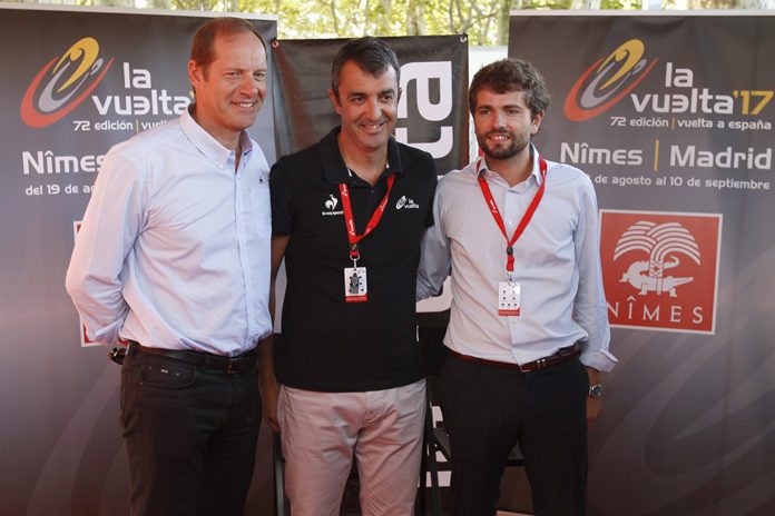 Christian Prudhomme, Javier Guillen et Julien Plantier lors de la présentation du Tour d'Espagne à Nîmes