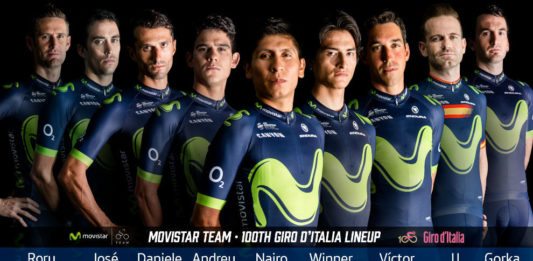Voici les neuf coureurs qui défendront les couleurs de la seule équipe espagnole du WorldTour lors du Giro du centenaire. Photo : Movistar Team, effectif, quintana