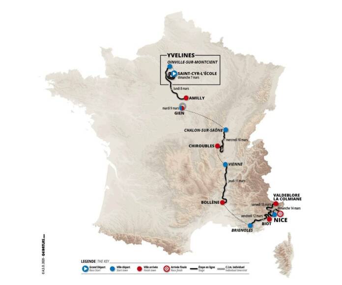 La carte du Paris-Nice 2021 : parcours complet, profils des étapes et favoris à la victoire finale.