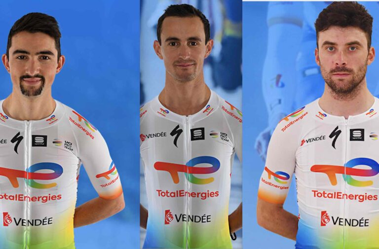 Alexis Vuillermoz, Pierre Latour et Mathieu Burgaudeau au départ de Paris-Nice 2022