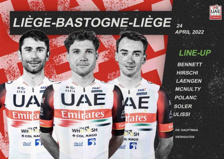 Les UAE Team Emirates sans Tadej Pogacar sur Liège-Bastogne-Liège