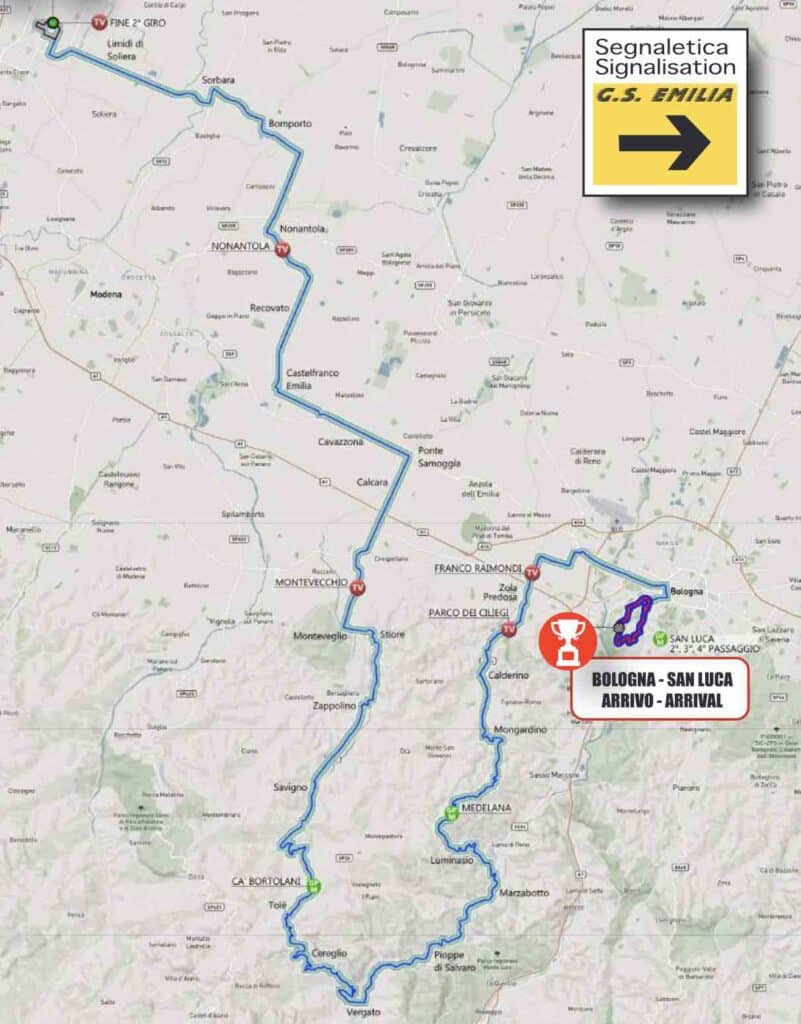 Carte du parcours du Tour d'Emilie 2022