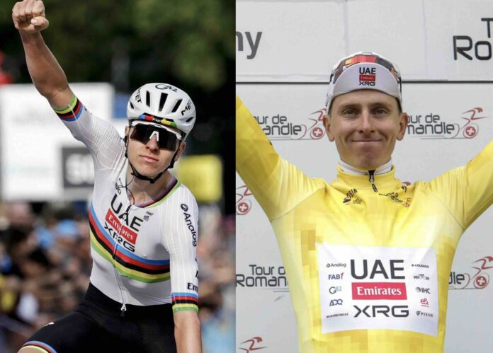 Tour de Romandie 2026 Tadej Pogacar s'impose au sprint sur la 1ère étape et prend le maillot jaune
