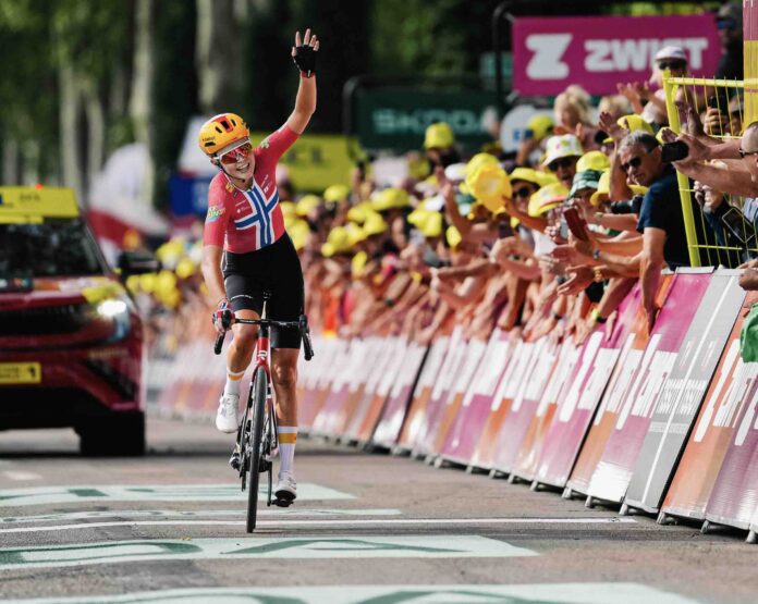 Tour de France Femmes 2026 étape 3 Sigrid Haugset en solitaire 88 km d'échappée maillot jaune